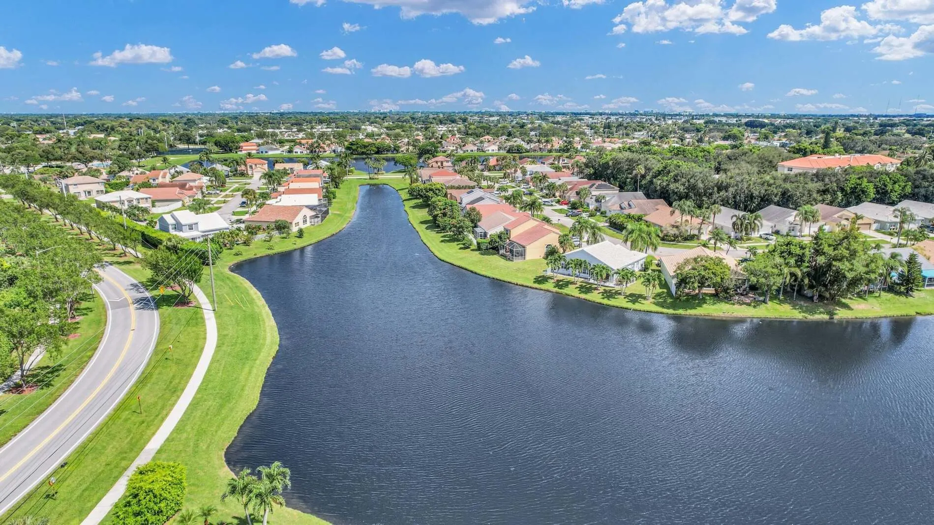 Aerial view of the lake in Boca Landings in Boca Raton, Florida